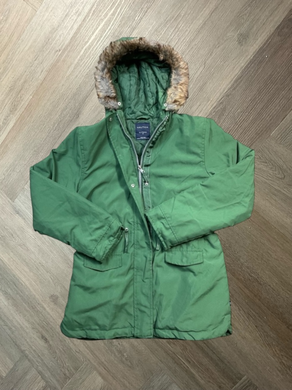 Nautica Parka Jacket‎ Girls XL 16 Green Faux Fur Hood Winter Coat Outerwear